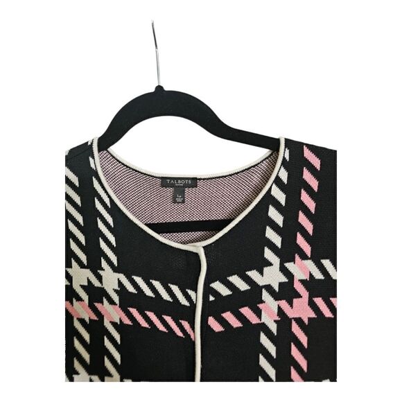 TALBOTS Knit Long Sweater Cardigan Topper Black White & Pink - Large Petite - Picture 3 of 8